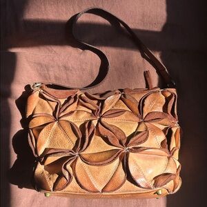 Costanza Rota unique edgy Italian leather petal textured shoulder purse/ cognac